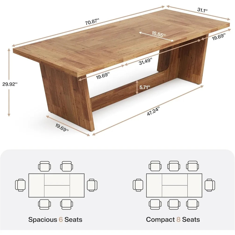 70.87-Inch Dining Room Table: Wood Large Dining Table for 6-8 People, Rectangular Farmhouse Kitchen Table with Solid Pedestal,