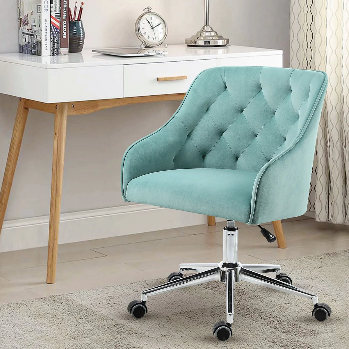 Vanity Chair With Wheels Back Metal Legs Sponge Material Height Adjustable Swivel Bedroom Living Room Make Up Manicure Chair