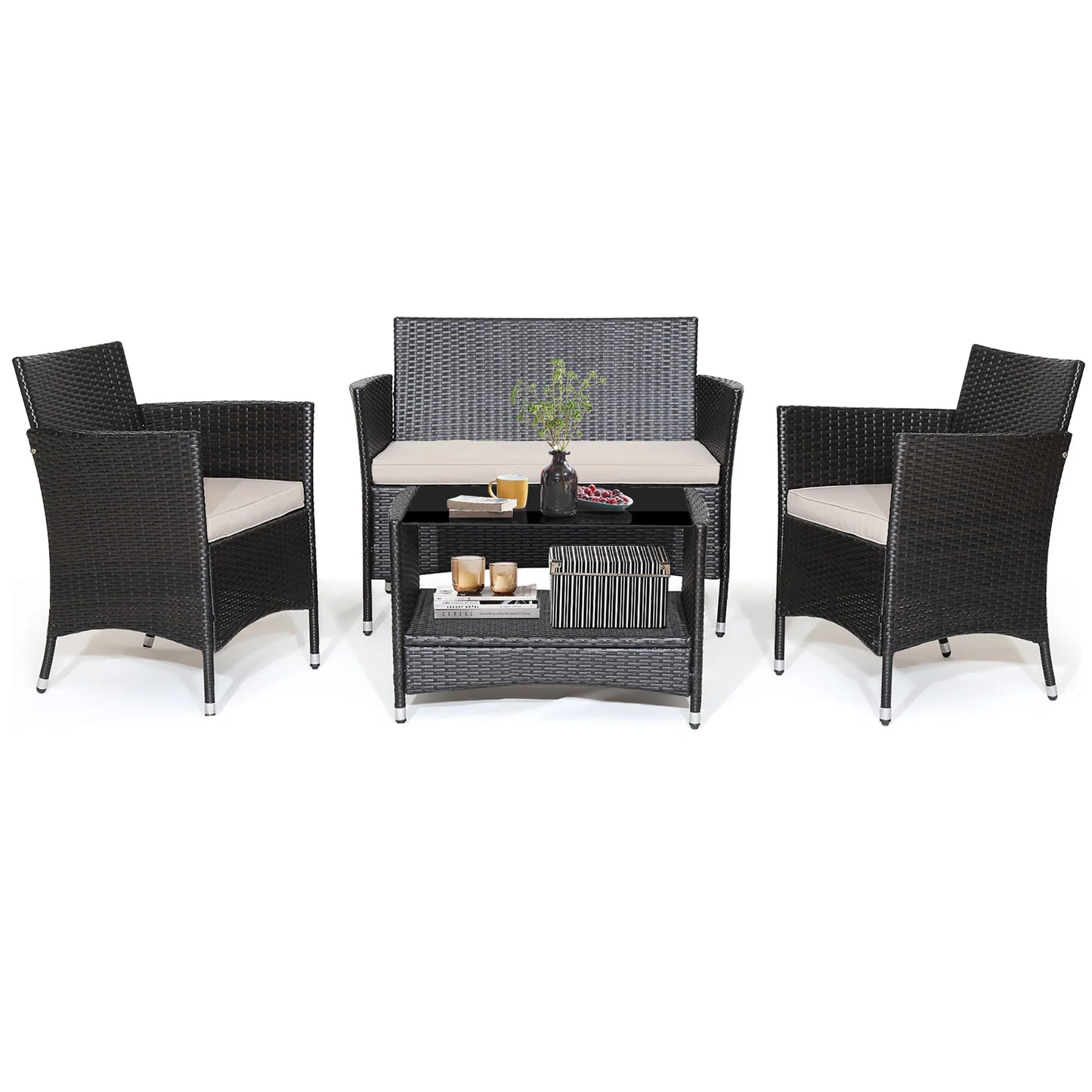 4PCS Patio Rattan Furniture Set Armrest Cushion Sofa Coffee Table withShelf Garden