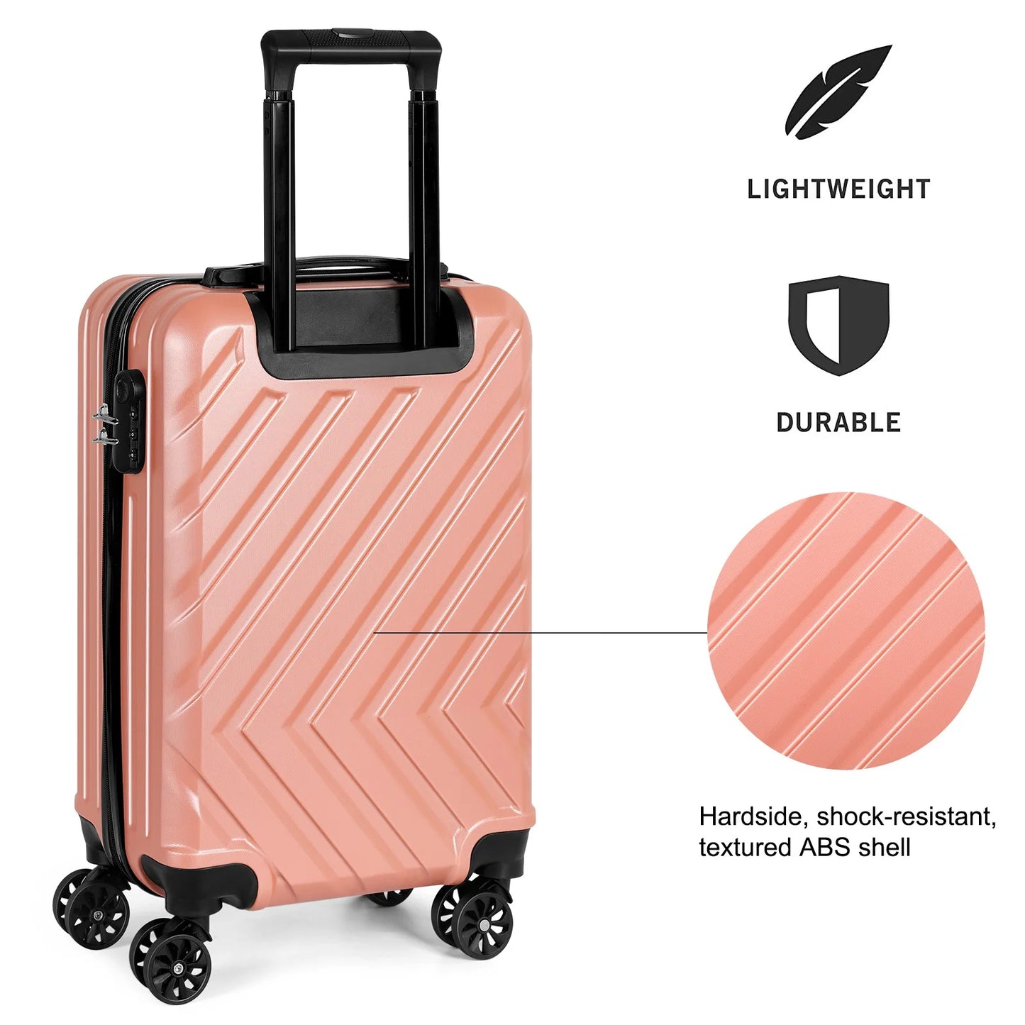 The "lockable luggage" suitcase with 20 handles can be used for travel and features a universal roller design for easy mobility