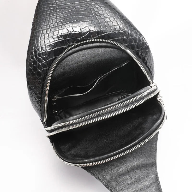 Authentic Exotic Crocodile Skin Classic Solid Black Men's Chest Bag Messenger Bag Genuine Alligator Leather Male Crossbody Bag