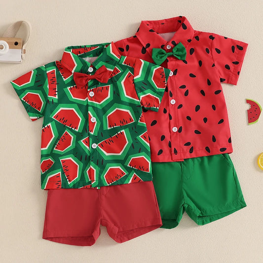 Lioraitiin Toddler Baby Boy Summer Outfits Watermelon Pattern Button Down Turn Down Collar Short Sleeve Shirt with Shorts Set