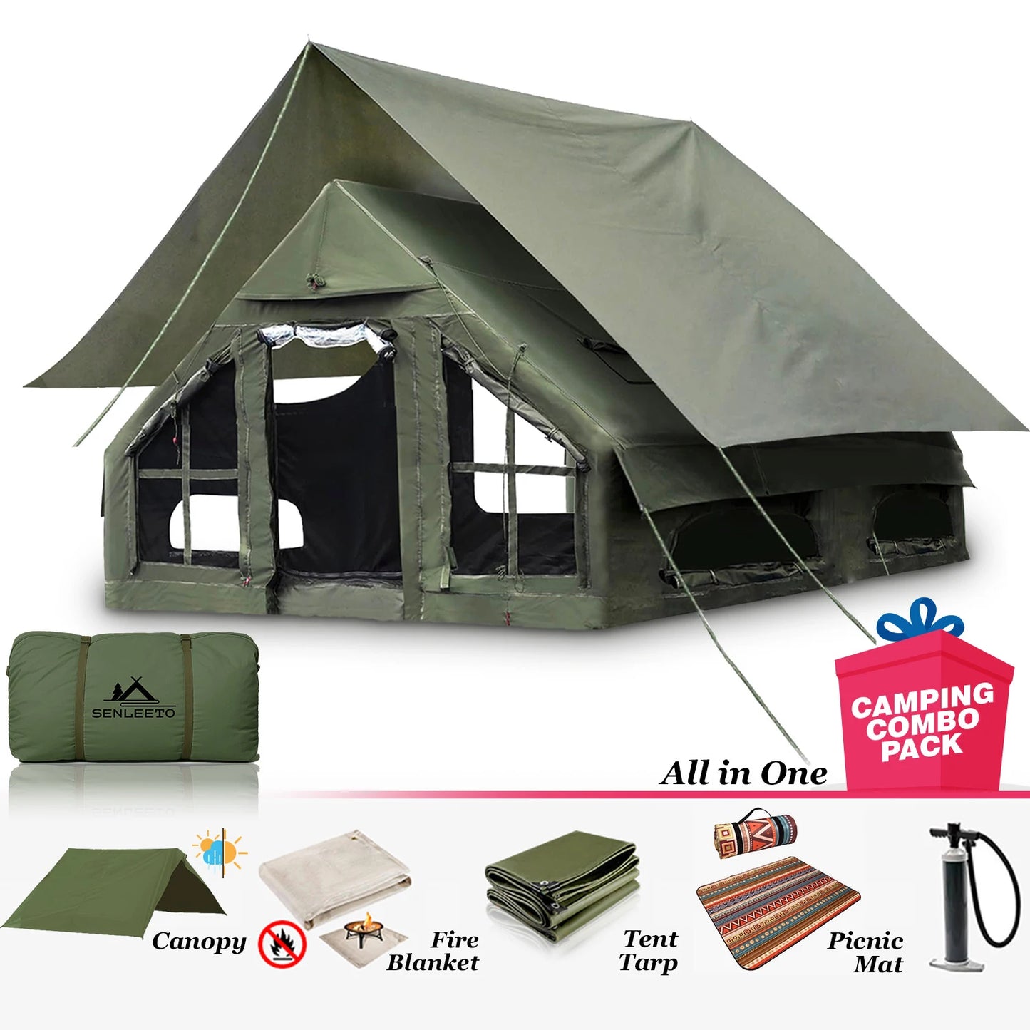 129 SqFt² Army Green Inflatable Camping Tent with Canopy,4 Season Air Tent with Tent Tarp & Moisture Proof Pad & Fire Blanket