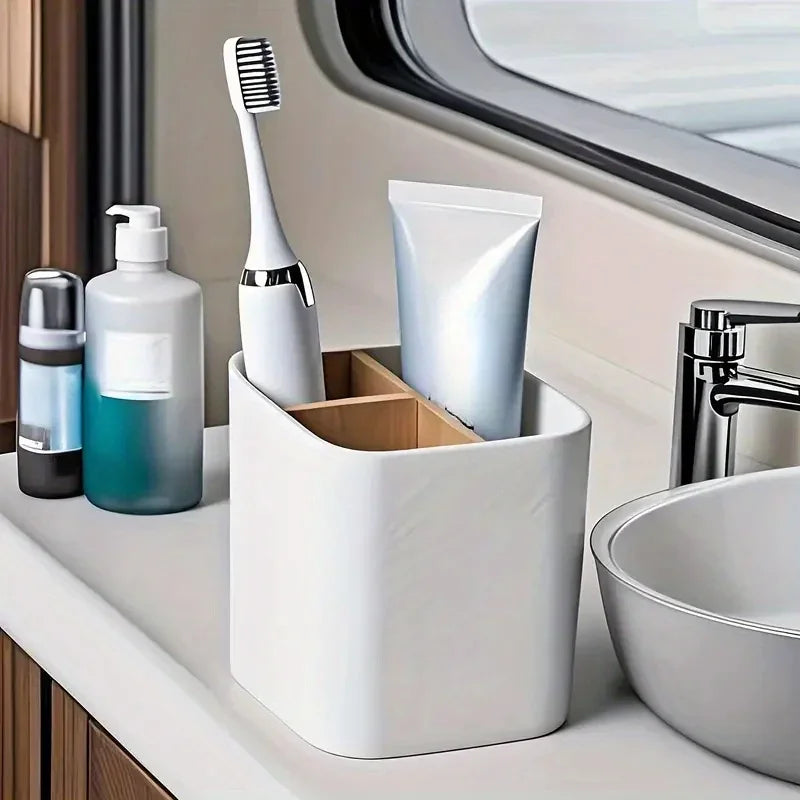 Bathroom Bamboo Toothbrush Stand, 3 Slot Toothbrush and Toothpaste Stand Bathroom Counter Organizer