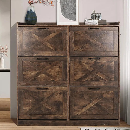 Shoe Storage Cabinet for Entryway, Hidden Shoe Rack Cabinet with 6 Flip Drawers, Farmhouse Freestanding Shoe Organizer Shoe Orga