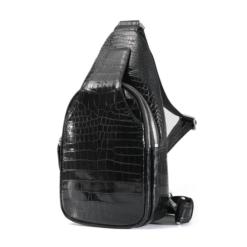 Authentic Exotic Crocodile Skin Classic Solid Black Men's Chest Bag Messenger Bag Genuine Alligator Leather Male Crossbody Bag
