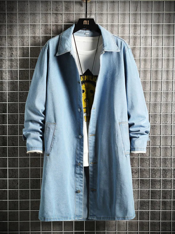 2025 Spring Men Denim Jacket Men Loose Mid-Length Denim Casual Coat Male Turn-Down Collar Trenchcoat Korean Fashion Outerwear