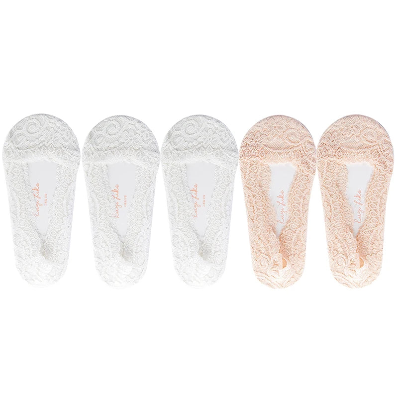 5 Pairs/Lot Socks Women's Ankle Short  No-Show Invisible Foot Summer Thin Cotton Set White Low Cut Boat Lace Silicone Non-Slip