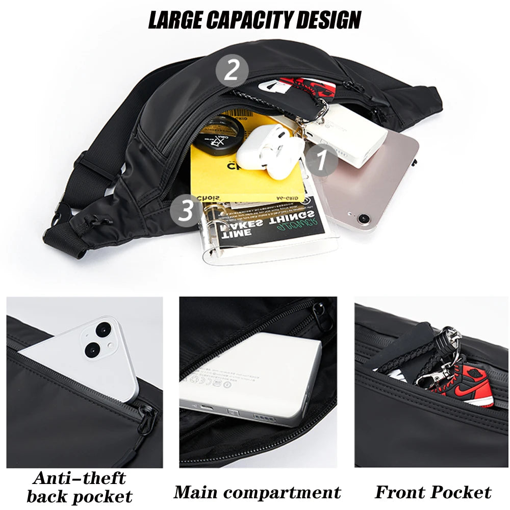 Men Fanny Pack with Anti-theft Zip, Waterproof Sports Outdoor Sling Bag, Adjustable Crossbody Belt Bag for Travel Walk Cycling
