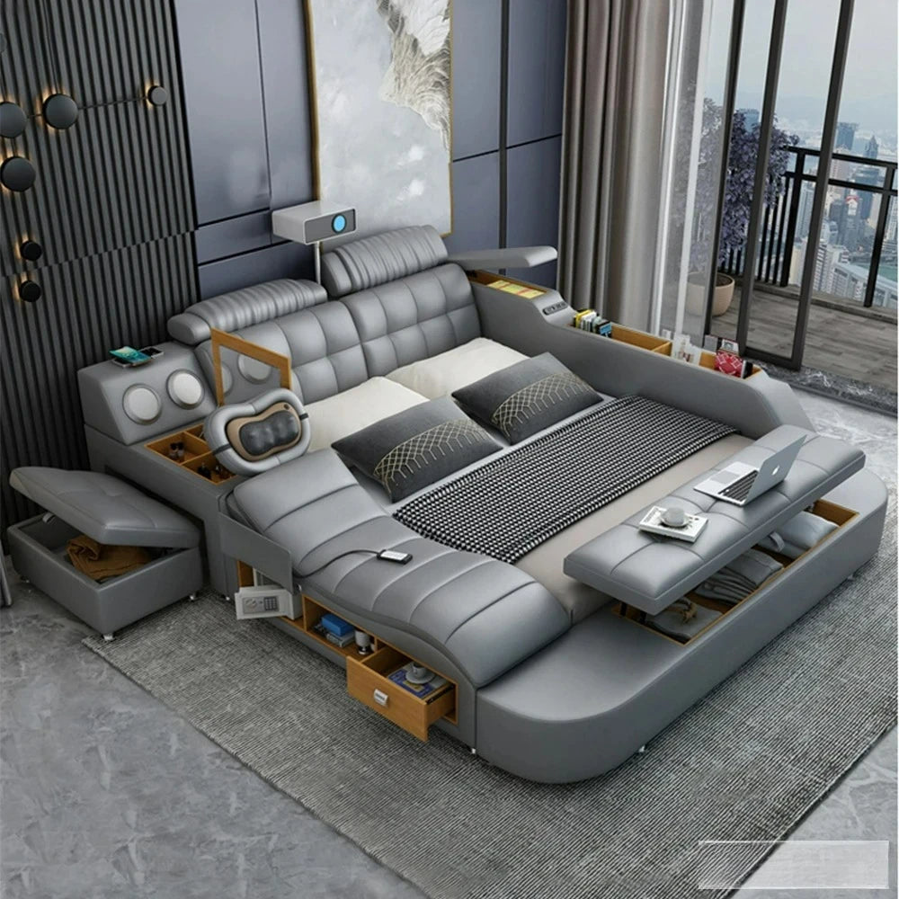 Customizable  Tech Smart Genuine Leather Bed | Multifunctional Ultimate Beds | Massage Tatami