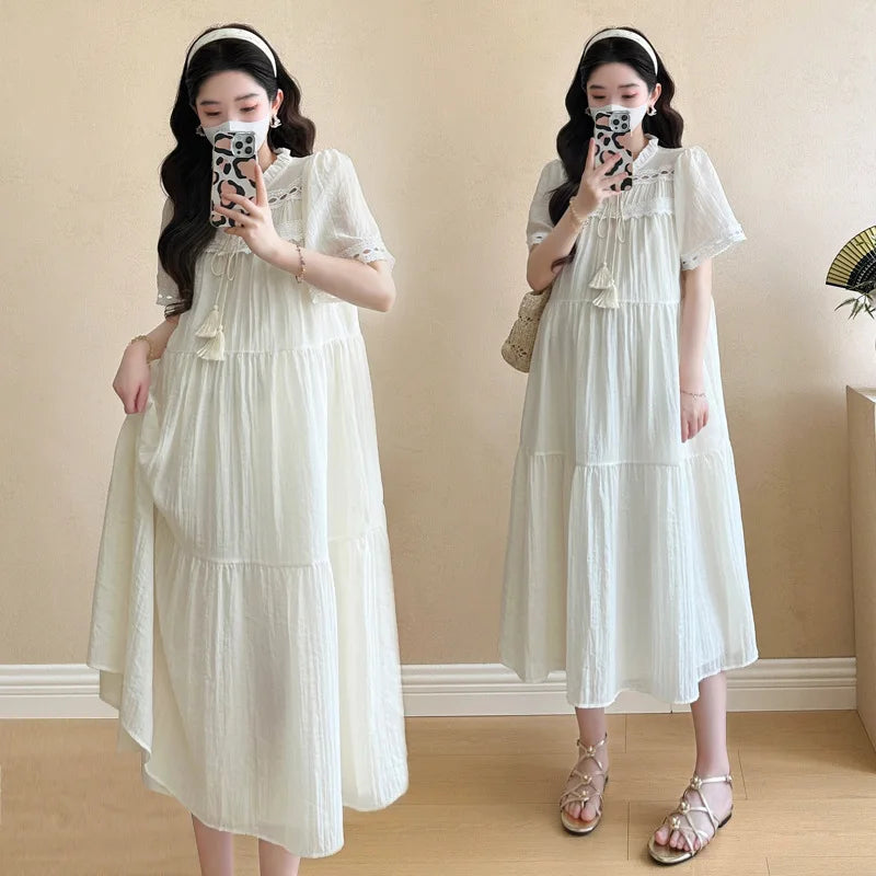Pregnant Women's Clothing 2025 Summer New Fashionable Loose and Age Reducing Temperament Mid Length Dress