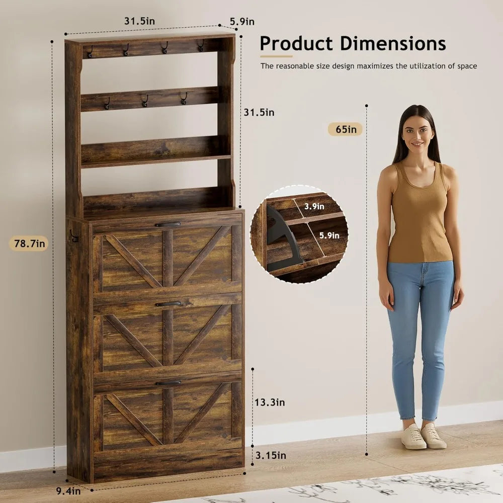 Shoe Cabinet Storage for Entryway, Narrow Shoe Rack Cabinet with 3 Flip Drawers & Coat Rack, Hidden Shoe Storage Cabinet, 2-in-