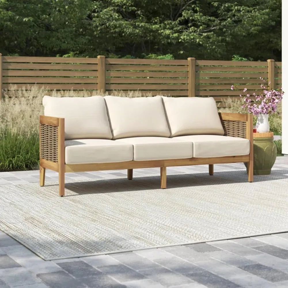 Outdoor Acacia Wood Wicker 3 Seater Sofa, Patio Furniture Conversation Set for Backyard