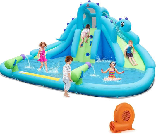 Inflatable Water Slide with Dinosaur, Double Slides Kids Mega Waterslide Park Heavy Climbing Wall for Outdoor Racing, Blow up Wa