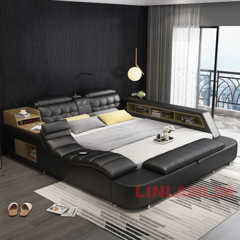 Linlamlim Tech Smart Multifunctional Bed Frame with Genuine Leather, Bluetooth Speaker, and Massage | Ultimate Soft Tatami Lit