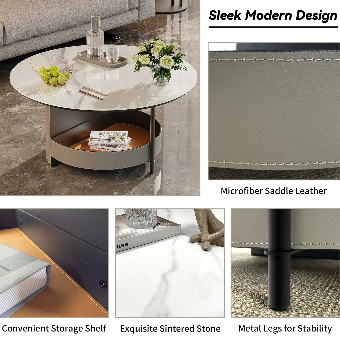 Wisfor 31.5" Coffee Table Round Coffee Tables for Living Room Modern Table with Sturdy Metal Frame Legs and Sintered Stone Top