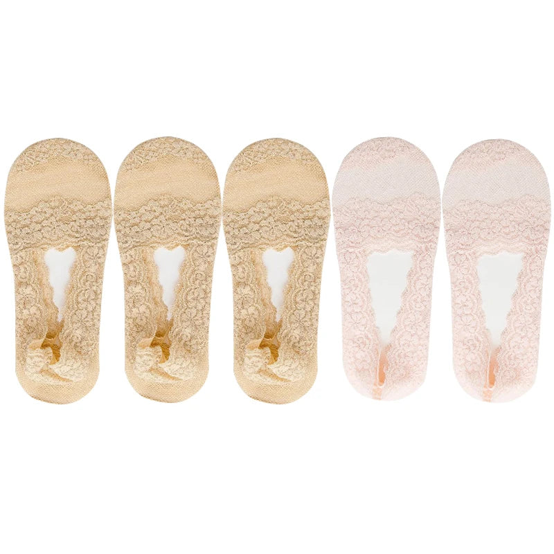 5 Pairs Socks Women's Lace Invisible Short No-Show Ankle Foot Summer Cotton Transparent White Low Cut Boat Sock