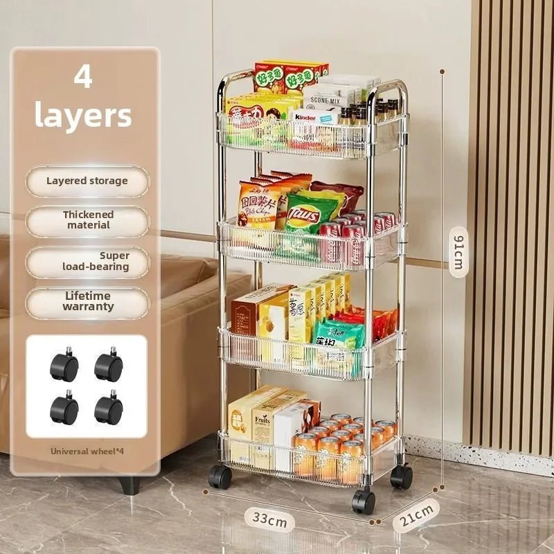3 Tier Clear Storage Cart with Wheels - Multifunctional Rolling Organizer for Bedroom Living Room & Office