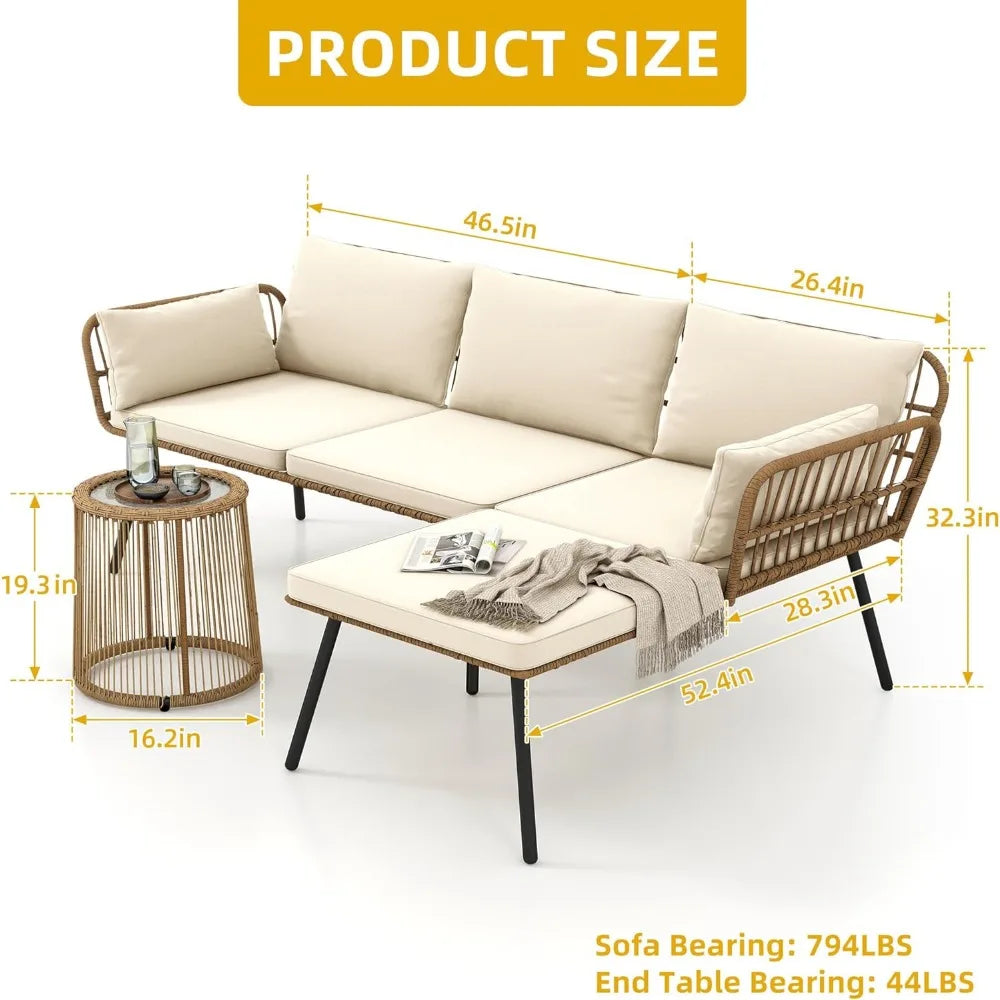Patio Furniture Set 3 Piece Outdoor Wicker Conversation Set with Detachable Cushions and Coffee Table L-Shaped Sectional Sofa S