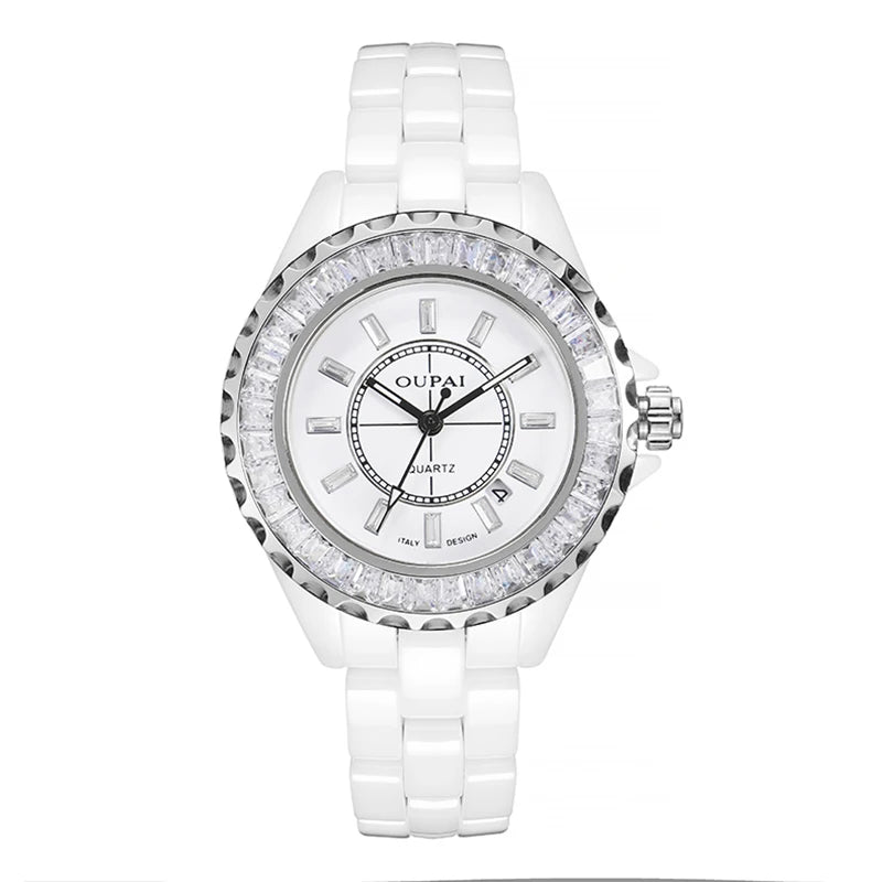 Dectop 2025 New Arrival Baguette Crystal White Ceramic Luxury Classic Wristwatch Lady Wateproof Fashion and Elegant Dress Watch