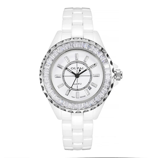 Dectop 2025 New Arrival Baguette Crystal White Ceramic Luxury Classic Wristwatch Lady Wateproof Fashion and Elegant Dress Watch