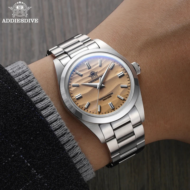 ADDIESDIVE Men's Watch 36mm Quartz Watch Diving 100m Sand Dial 316L Stainless Steel AR Bubber Glass Fashion WristWatch for Men