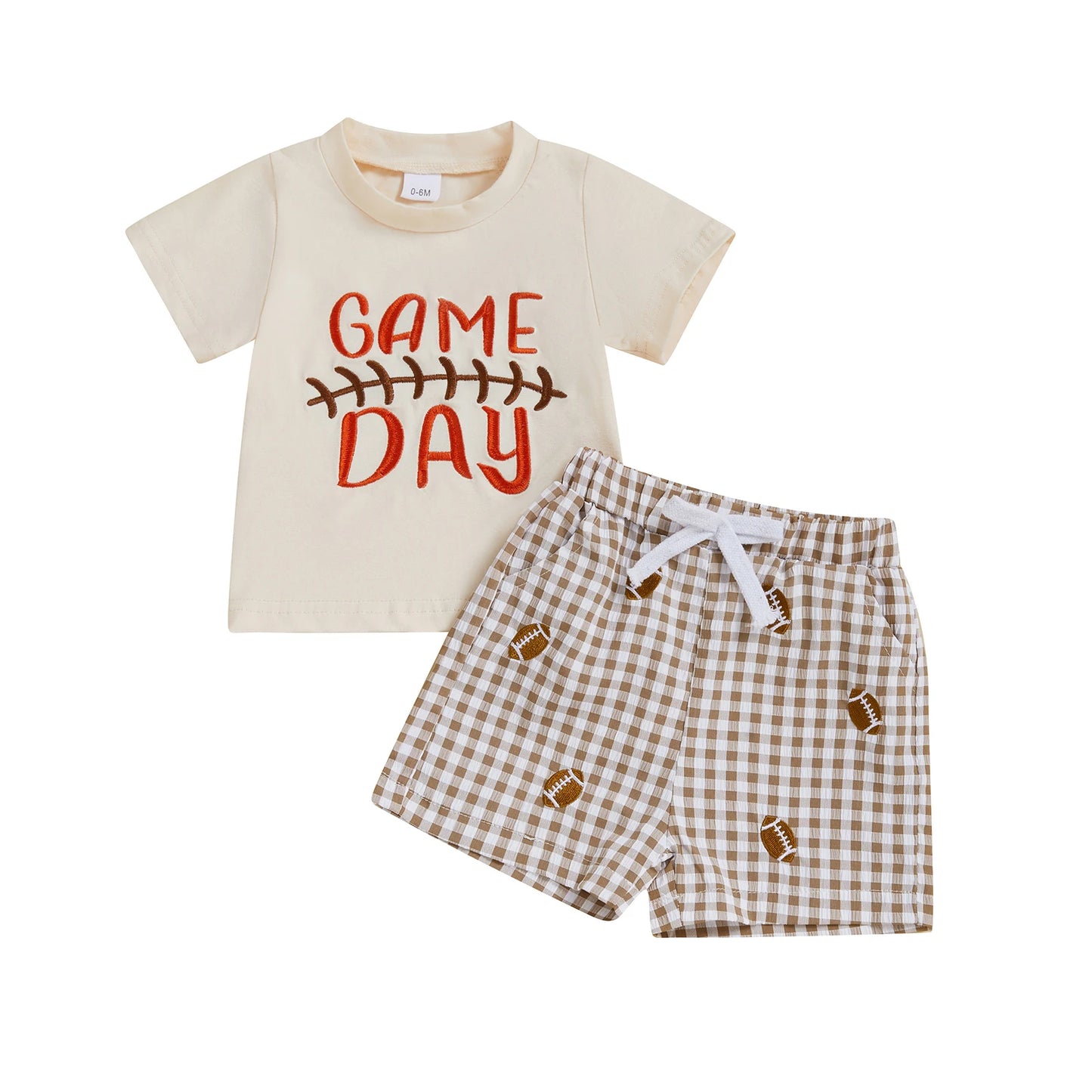Summer Toddler Baby Football Outfit Loose Fit Letter Print Short Sleeve T-Shirt with Plaid Shorts 2 Pcs Set