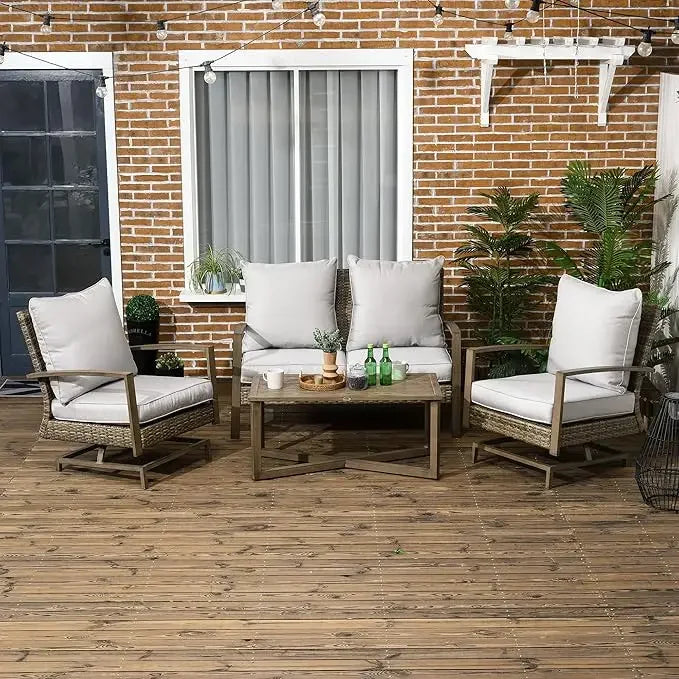 4 Piece Wicker Patio Furniture Set with 2 Rocking Chairs, Loveseat Sofa, Outdoor PE Rattan Conversation Set with Cushions