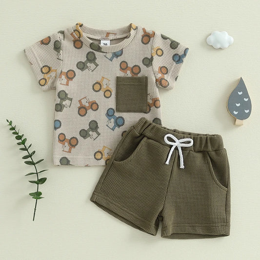 Lioraitiin Toddler Baby Boy Summer Outfit Waffle Tractor Print Short Sleeve T-shirts Solid Elastic Waist Shorts Summer Set
