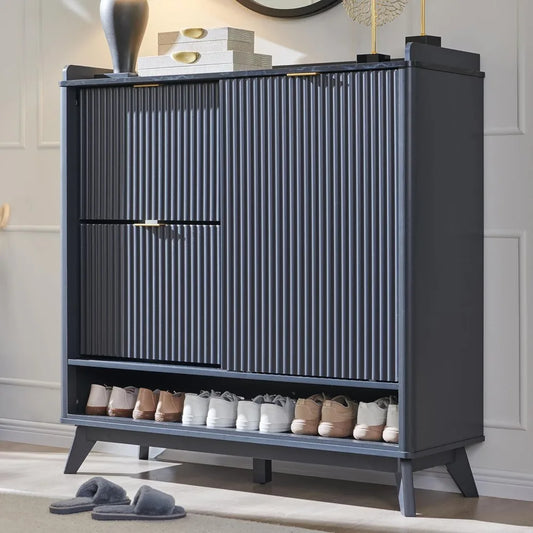 Fluted Shoe Storage Cabinet with 2 Flip Drawers & Sliding Door, 4-Tier Adjustable Shelves, 47" Wide Freestanding Shoe Organizer