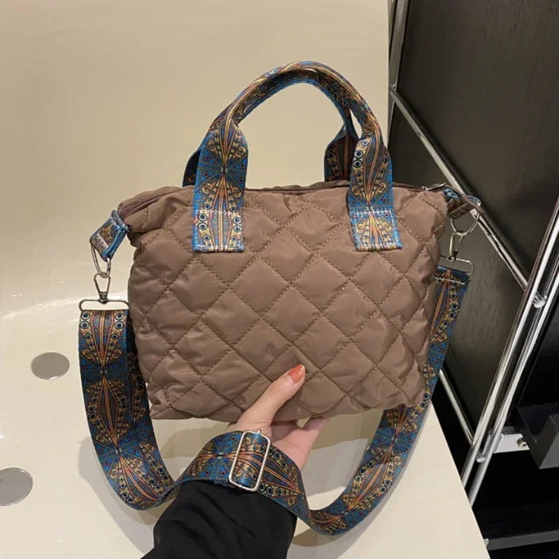 Women Wide Shoulder Belt Handbag Large Capacity All-Match Shopping Tote Bag Fall/Winter Rhombus Space Cotton Shoulder Bag