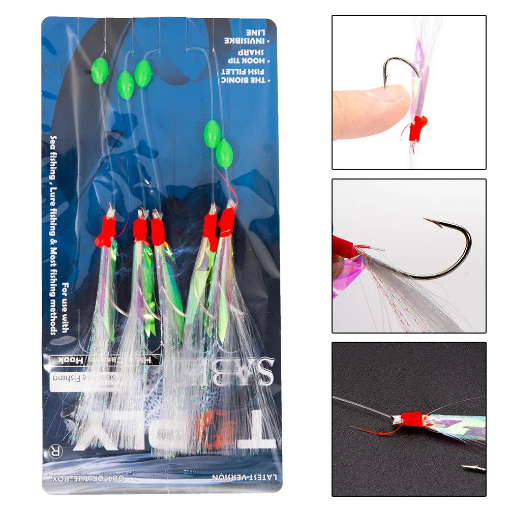 5 Pcs Sabiki Soft Fishing Lure Rigs Bait Jigs Lure Feather Lure Herring Bait 3/0# Fishing Hooks Pesca Iscas Tackle Tools Hooks