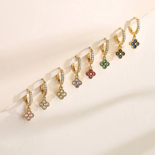 HECHENG Brass 18K Golden-Plated Crystal Zirconia Flower Dangle Earrings Perforated Ladies Jewellery 1 Pair