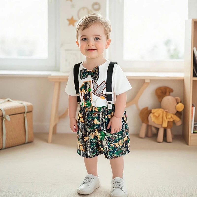 Lioraitiin Summer Baby Boys First Birthday Outfit Short Sleeve Duck Romper with Plaid Leaves Print Overall Shorts Outfit