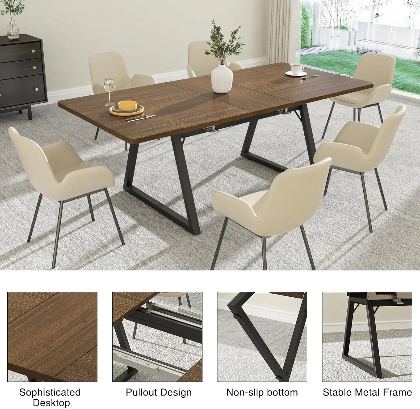 Vabches Extendable Dining Table for 4-6, 67" Wood Rectangle Kitchen Table Modern Large Dining Room Table Space Saving Furniture