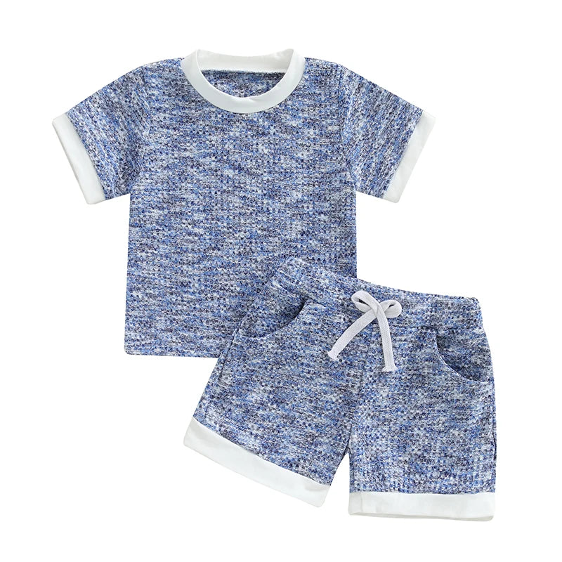 2025-02-21 Lioraitiin Toddler Boy Girl Shorts Set Short Sleeve T-shirts Elastic Waist Shorts Waffle Outfit Casual Summer Clothes