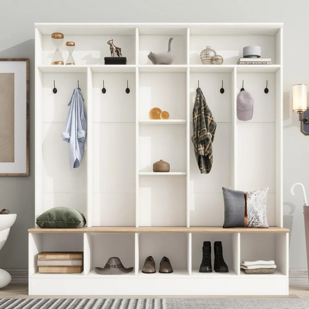 ON-TREND Wide Design Hall Tree with Storage Bench, Minimalist Shoe Cabinet with Cube Storage & Shelves, Multifunctional Coat Rac