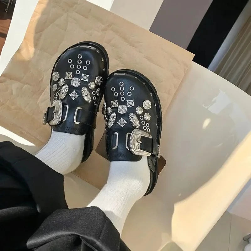 Summer Women Slippers Platform Rivets Punk Rock Leather Mules Creative Metal Fittings Casual Party Shoes Female Outdoor Slides