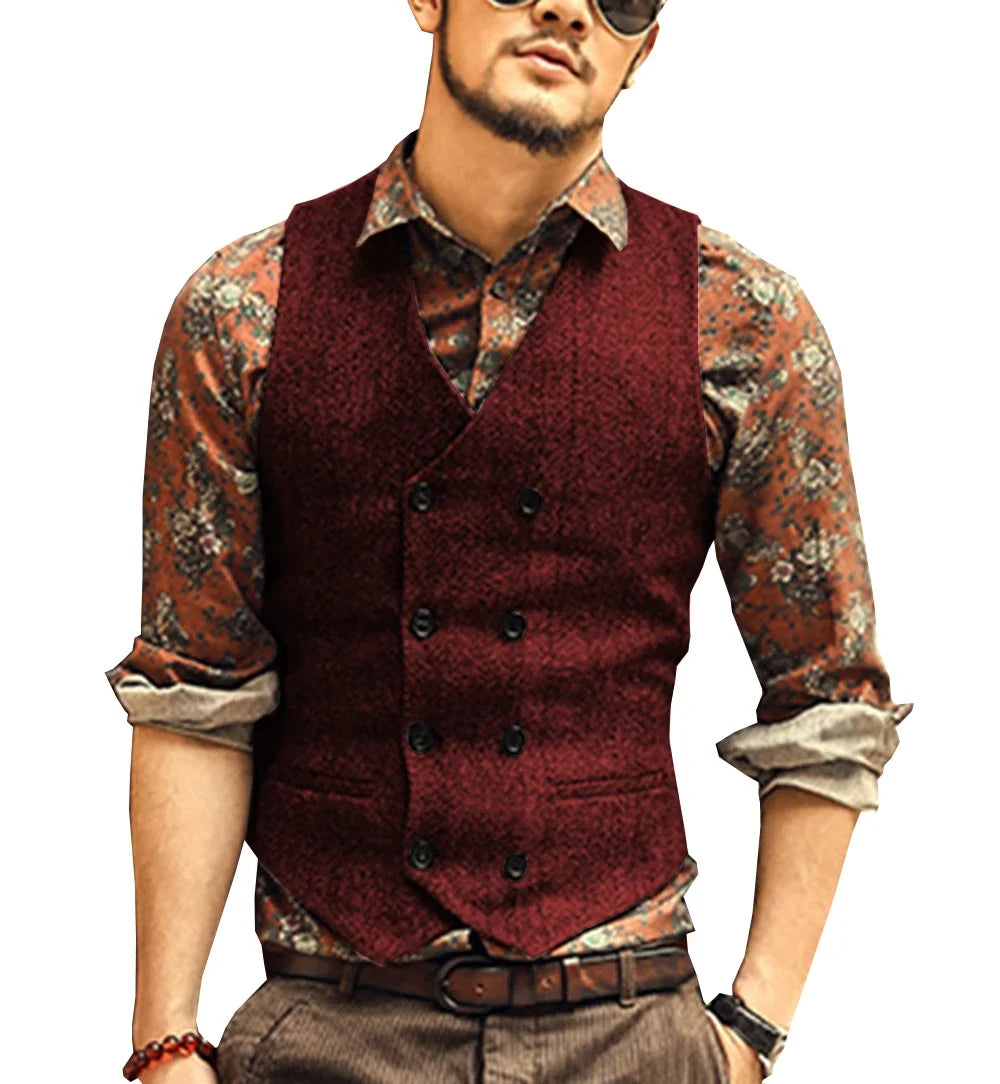 Men Vests Suit Vest Tweed Man Waistcoat Brown Black Groomman Wedding Clothing Jacket Victorian Style Steampunk BusinessA