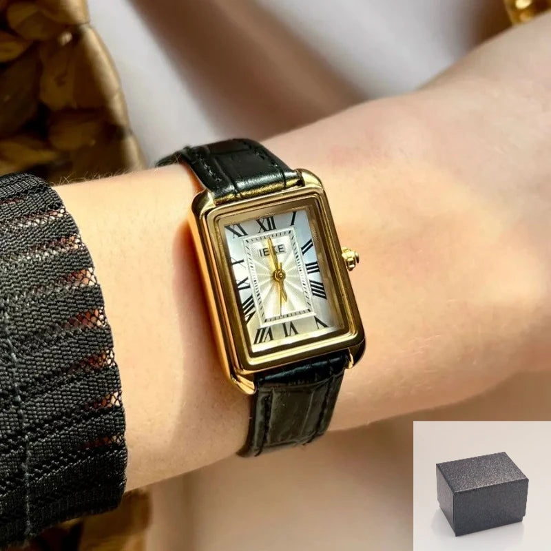 Vintage Women Quartz Watch Rectangle Roman Numeral Clock Elegant Temperament Leather Ladies Watch