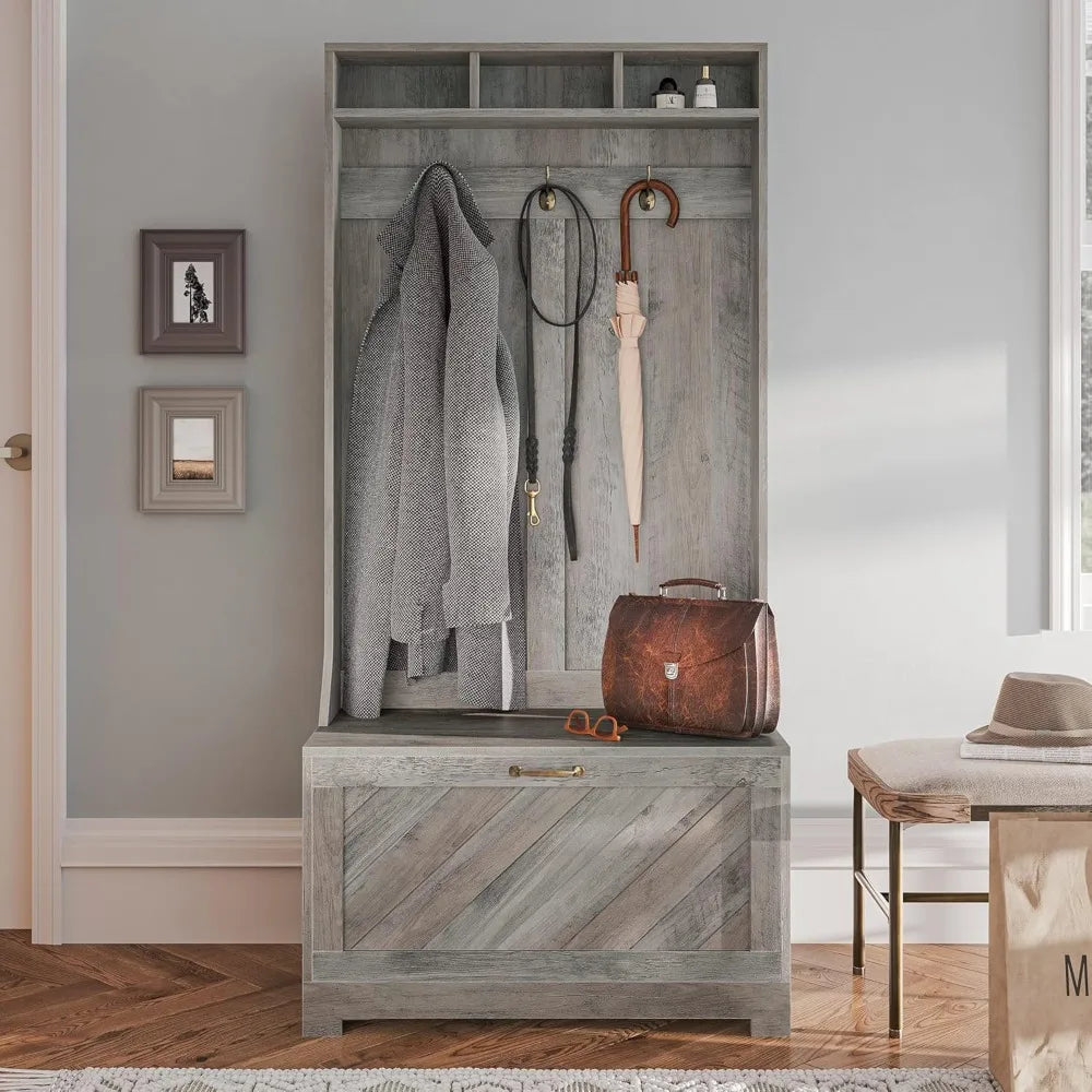 Entryway Hall Tree, Coat Rack, Storage Bench, 3-in-1 Design, Freestanding Shoe Rack - Hilo (Gray Wash)