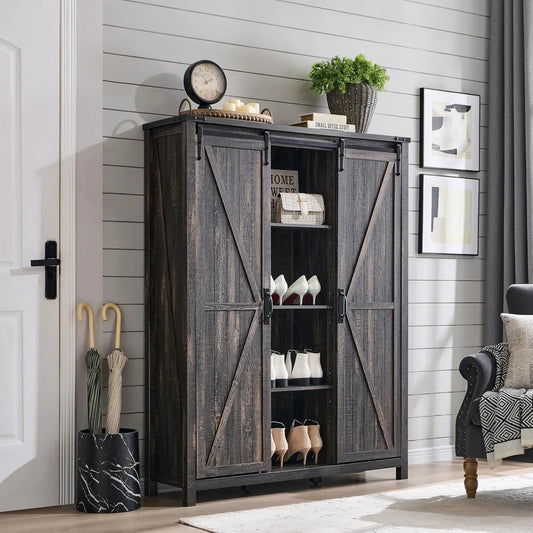 Shoe Cabinet with 2 Sliding Door, 6-Tier Adjustable Shelves, Farmhouse Shoe Organizer for Entryway, Living Room, 60" Tall Large