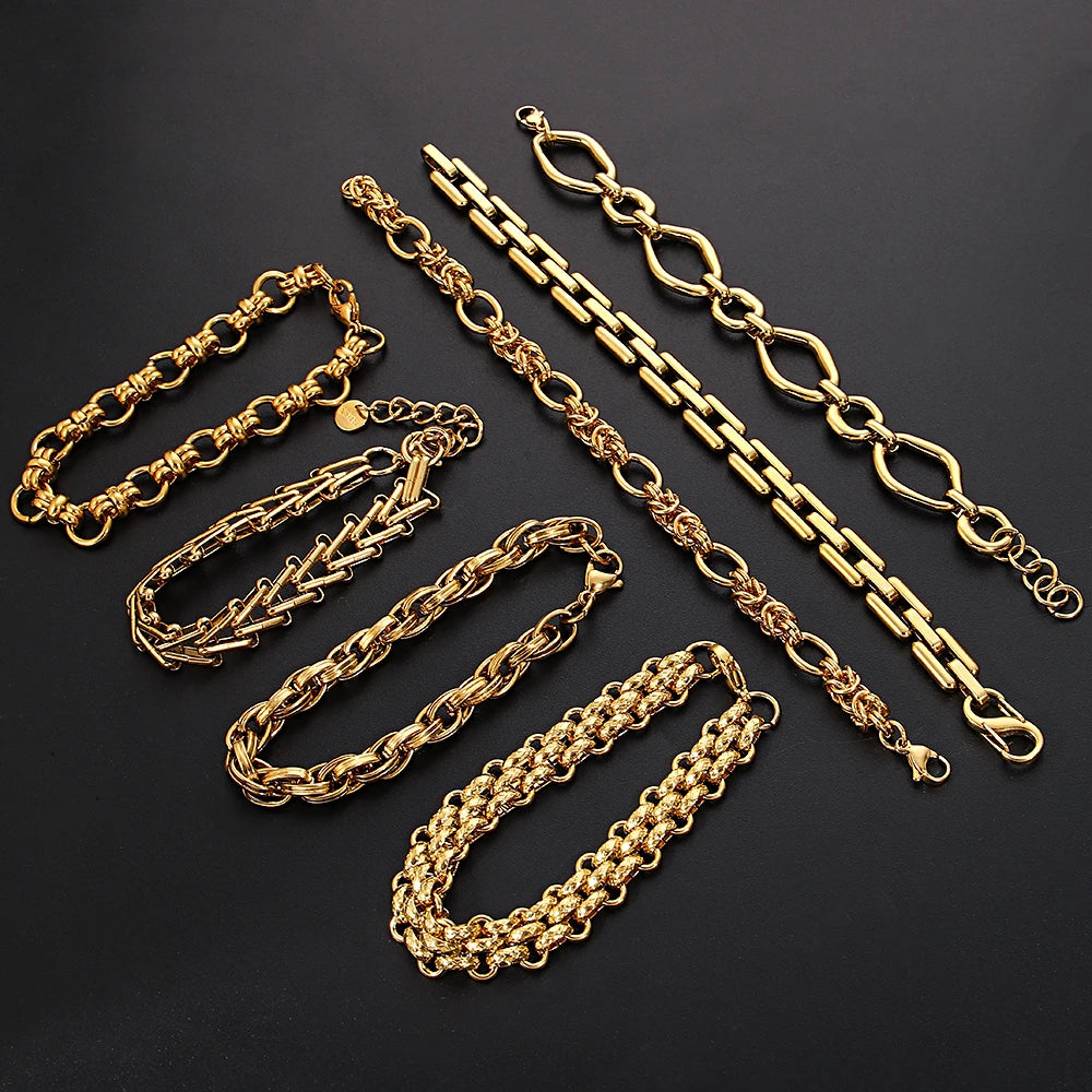 Multiple Punk Chunky Gold Plated Thick Chain Stainless Steel Bracelet for Women Twist Irregular Geometric Cuban Chain Bracelets