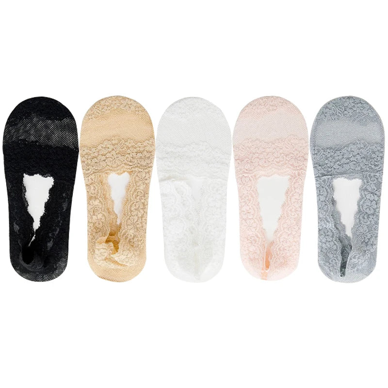 5 Pairs Socks Women's Lace Invisible Short No-Show Ankle Foot Summer Cotton Transparent White Low Cut Boat Sock