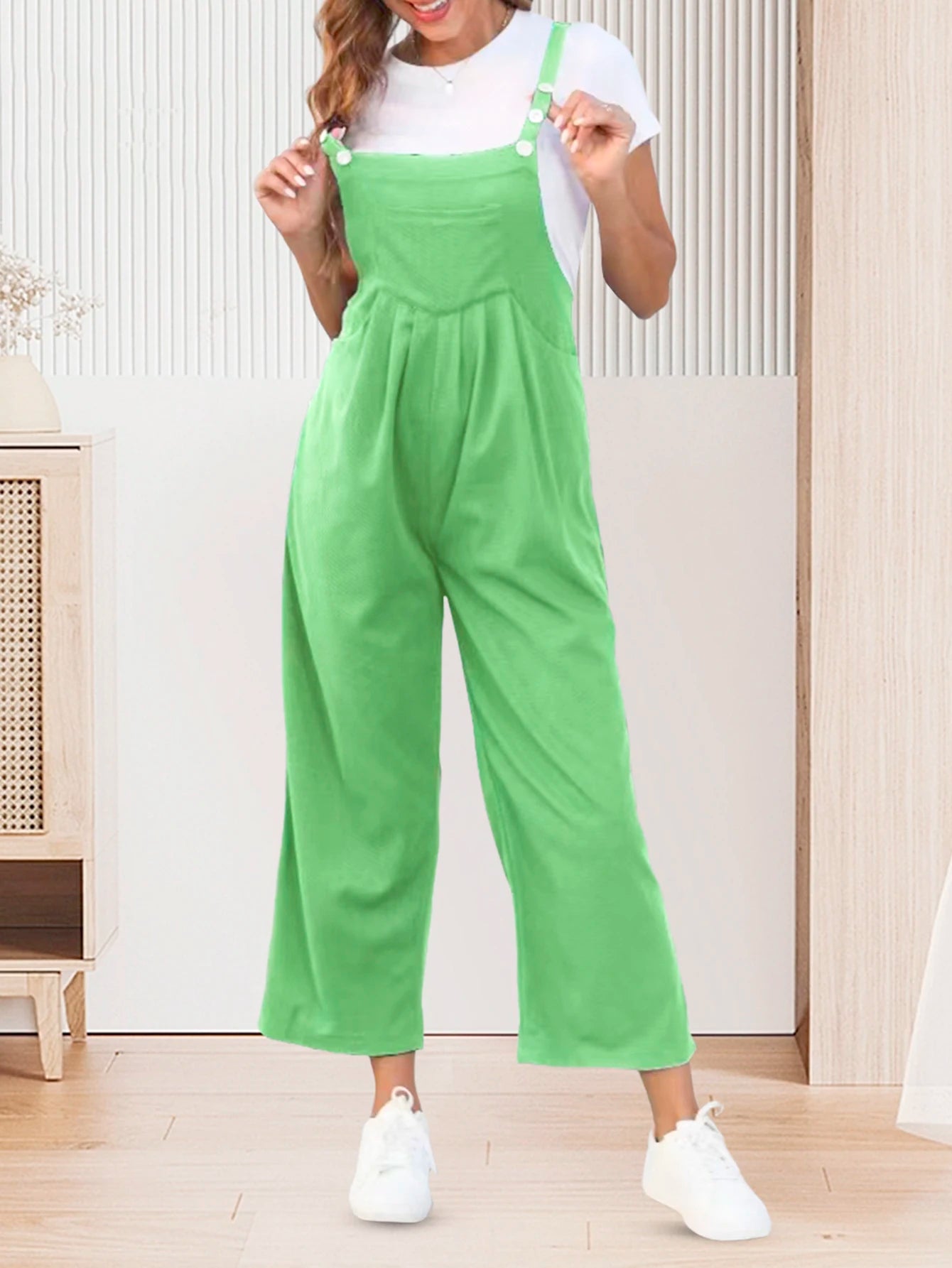 Women Romper 2024 Summer Waffle Grid Jumpsuit Sleeveless Bib Overall Light Green XL