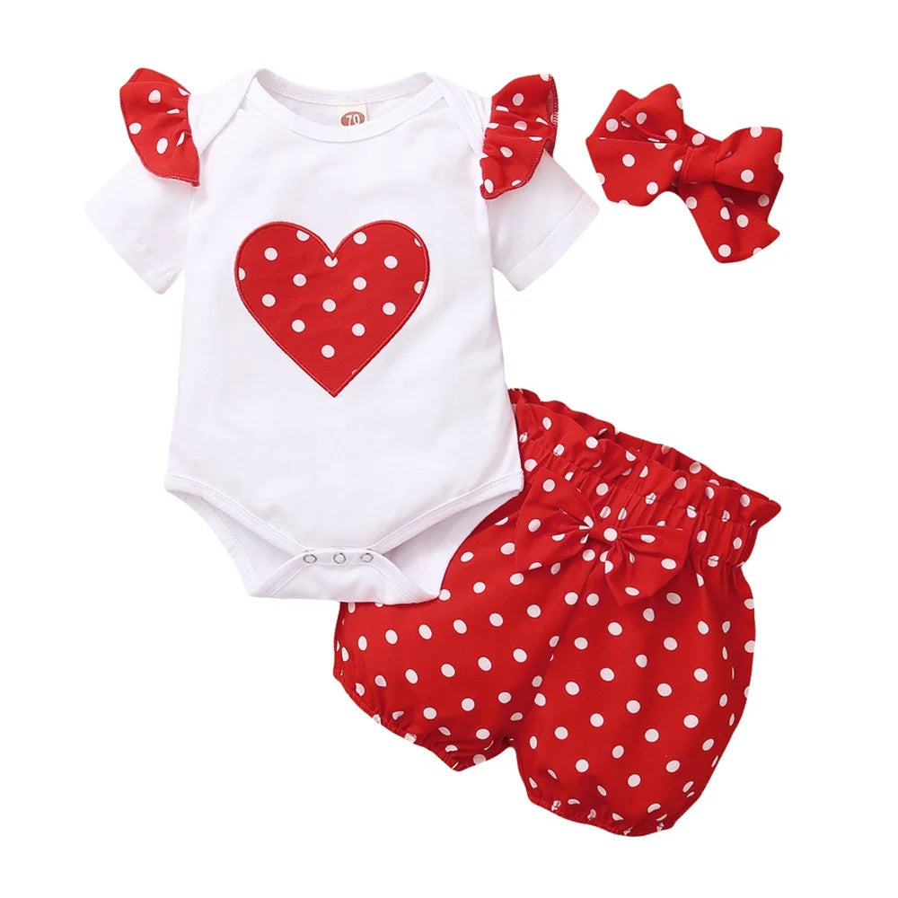 Newborn Baby Girl Daily Clothes Set Love Wave Point Short Sleeve Top+Shorts+Headband Summer Lovely 3PCS Outfit for 0-18 Months