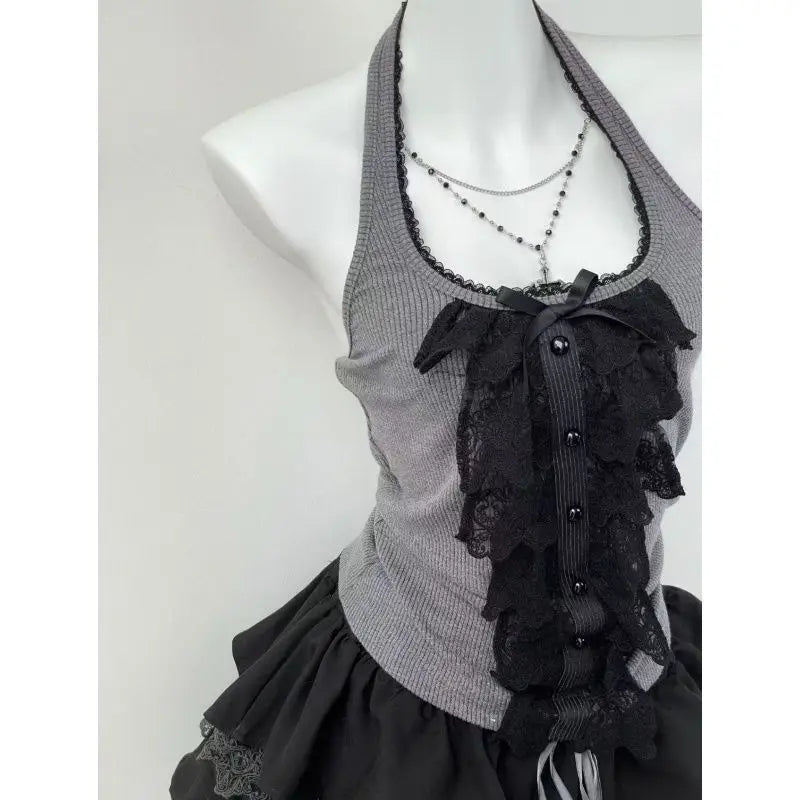 Women's Clothing Japanese 3 Piece Sets Patchwork Lace Tshirts Crop Vest Bow Sweet Skirt Outfits Roupas Femme Chic Summer Suit