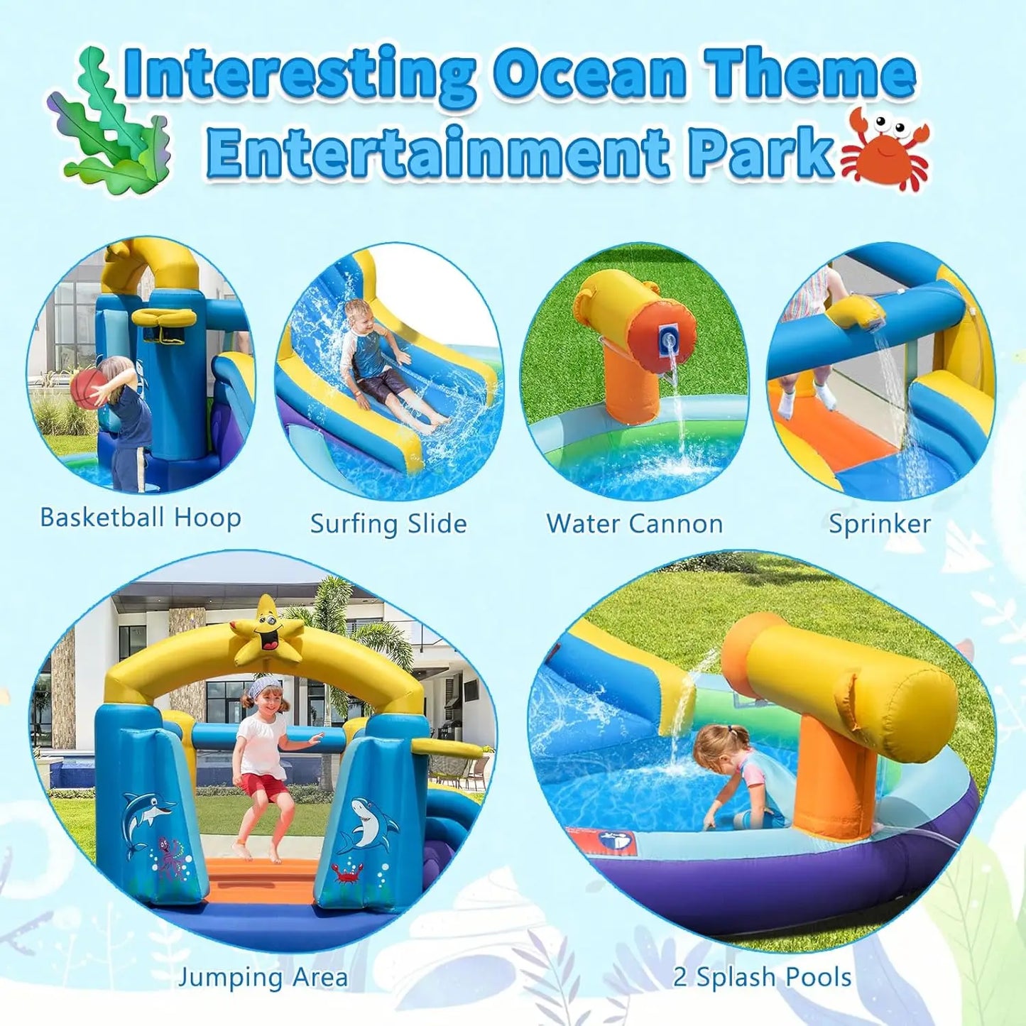 Inflatable Water Slide with 735w Blower, Ocean Themed Bounce House Water Park with Ball & Splash Pool, Indoor Outdoor Bouncy Cas