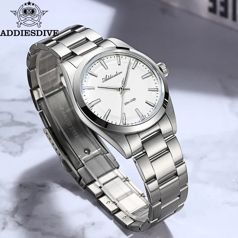 ADDIESDIVE Quartz Watch For Men 36mm Dome Glass BGW9 Luminous Diving 100m Waterproof Stainless Steel VH31 Wristwatch New AD2066