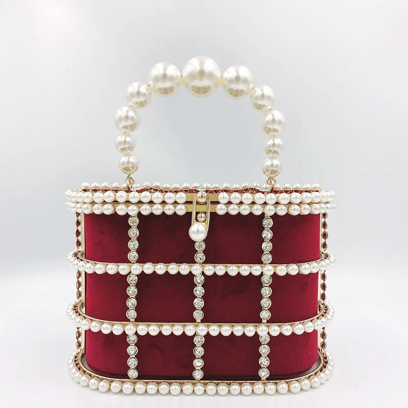 Metallic Evening Bag Pearl Hollow Out Womens Bags Luxury Design Rhinestone Diamond Dinner Bags For Party Wedding Handbags